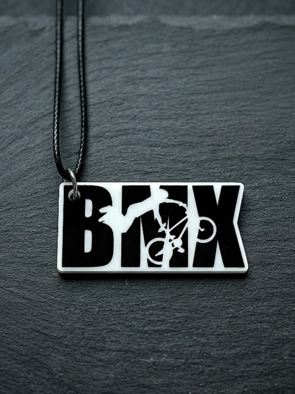 Black White Cutout BMX Biker Silhouette Competition Sports Fan Necklace
